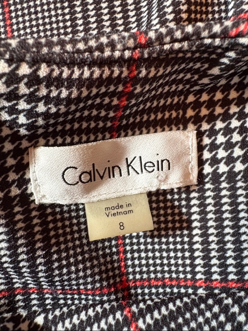 Calvin Klein plaid houndstooth round neck 3/4 length bell sleeve midi dress - Picture 7 of 9
